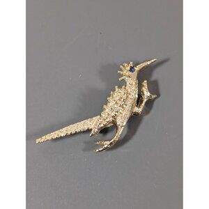 Vintage Gold Tone Road Runner Brooch Pin Blue Rhinestone